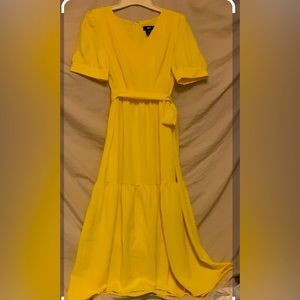 ✨⚡️💥 DKNY Sunshine Yellow Ruffle  V-Neck Puff Sleeve Tiered MIDI Dress Sz 8